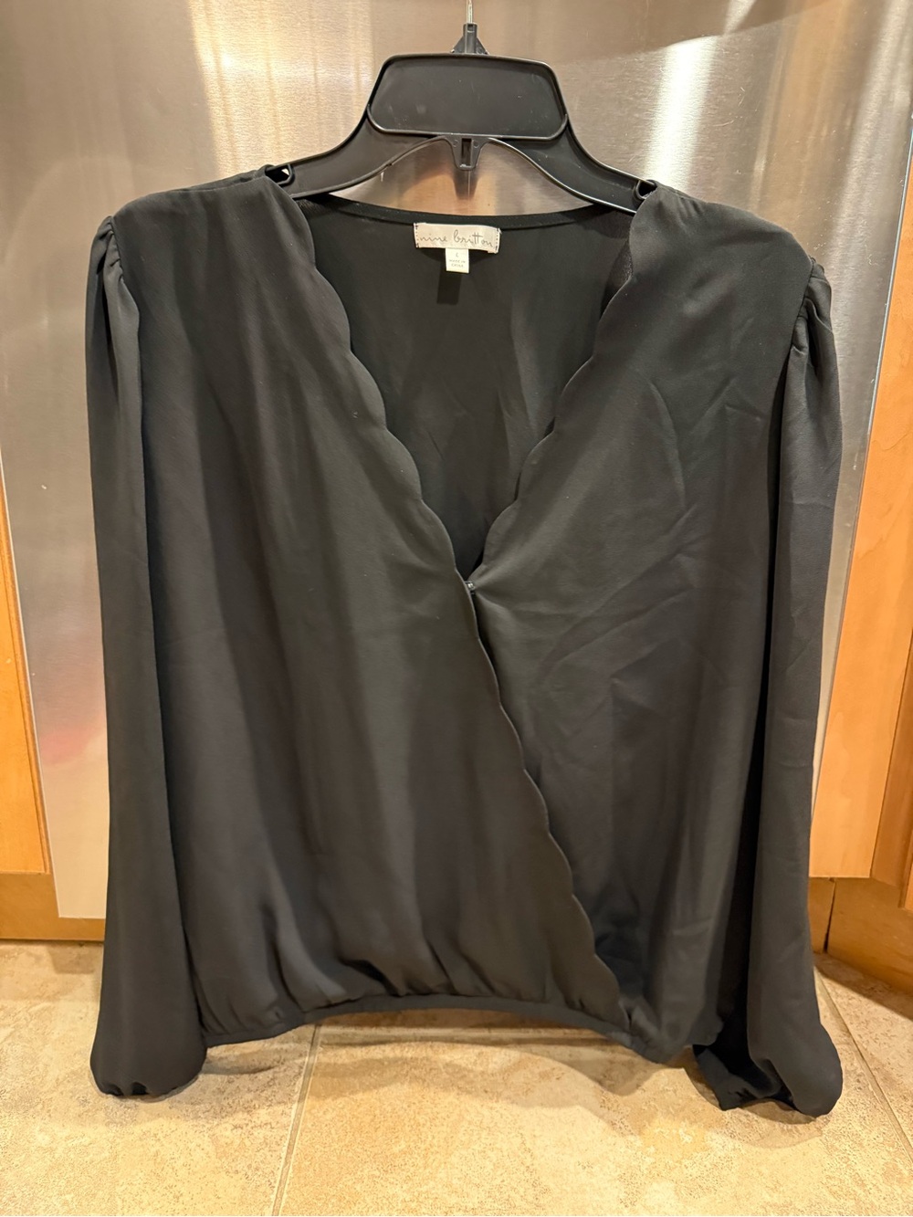 nine britton Black Scalloped Wrap-Front Blouse